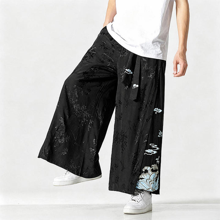 Buddha Stones Spring Summer Tang Style Drawstring Embroidery Abstract Cropped Pants Men's Wide Leg Pants With Pocket - Black - US/UK/AU46，EU56 (5XL) - image 0