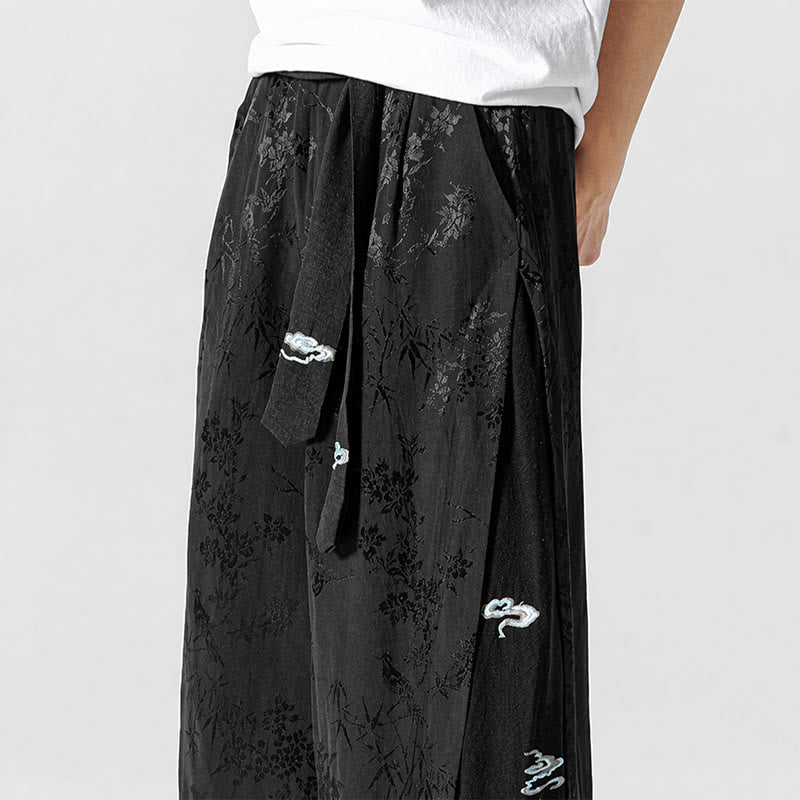 Buddha Stones Spring Summer Tang Style Drawstring Embroidery Abstract Cropped Pants Men's Wide Leg Pants With Pocket - image 8