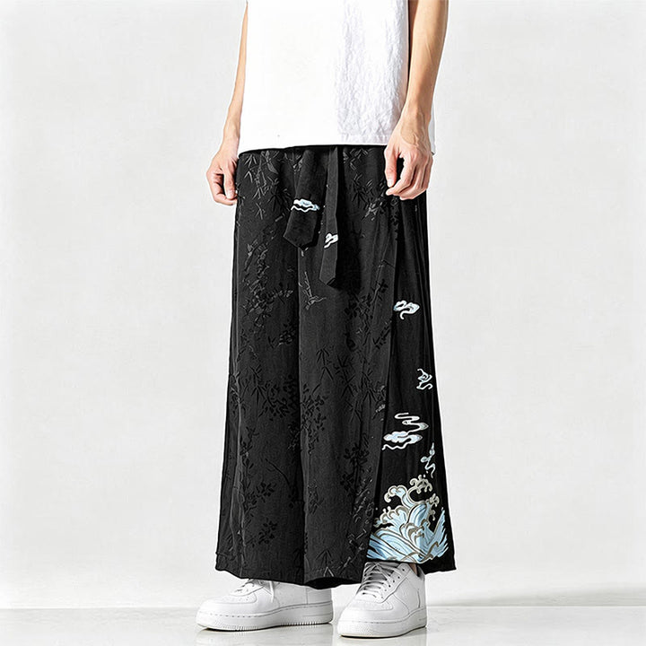 Buddha Stones Spring Summer Tang Style Drawstring Embroidery Abstract Cropped Pants Men's Wide Leg Pants With Pocket - image 5