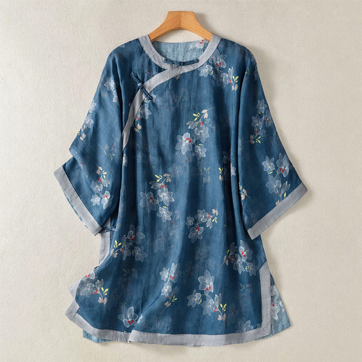 Buddha Stones Spring Summer Tang Style Vintage Frog Button Floral Cotton Linen Women's Elbow-Length Sleeve Shirts - SteelBlue - US12，UK/AU16，EU44 (2XL) - image 0