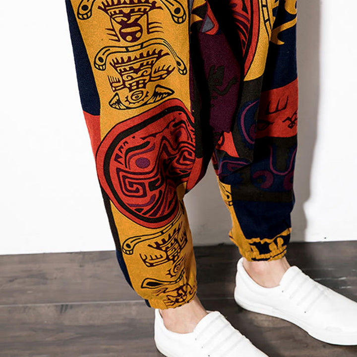Buddha Stones Red Brown Graffiti Bird Print Men's Harem Pants With Pockets - image 11