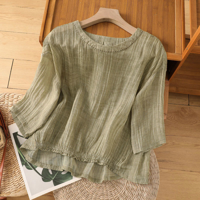 Buddha Stones Casual Summer Plain Crew Neck Women's Three Quarter Sleeve T-Shirt - DarkKhaki - US12，UK/AU16，EU44 (2XL) - image 0