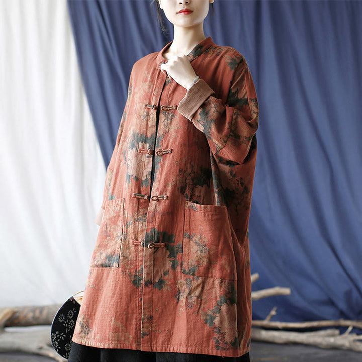 Buddha Stones Orange Peony Flower Frog-Button Open Front Jacket With Pockets - image 5
