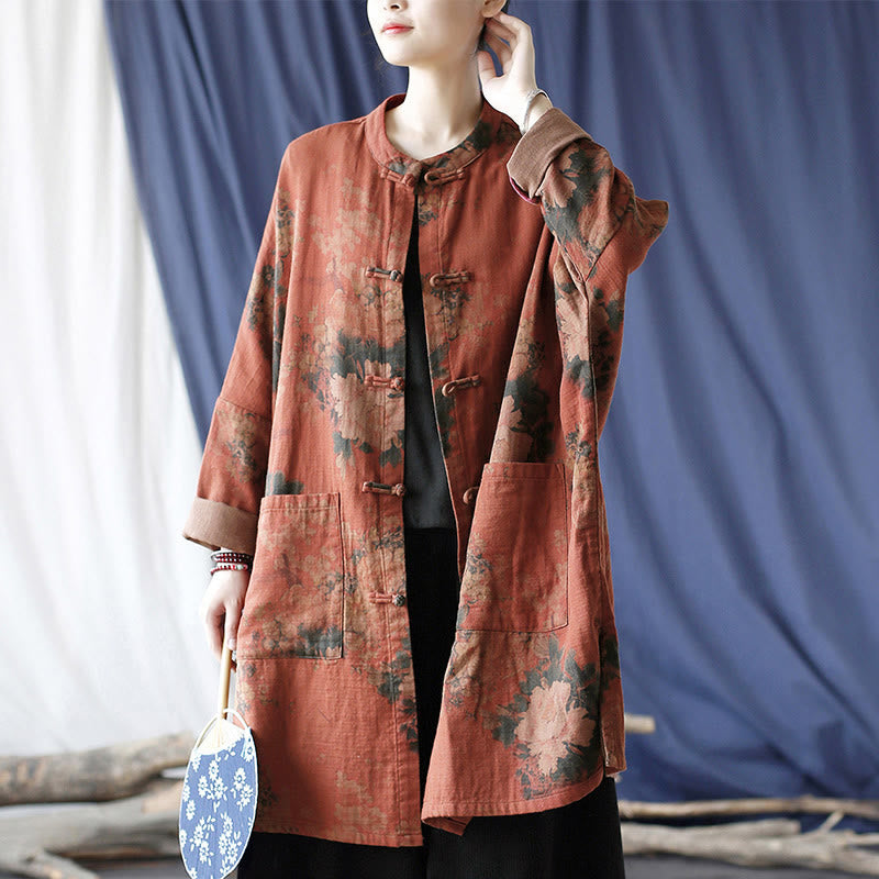 Buddha Stones Orange Peony Flower Frog-Button Open Front Jacket With Pockets - US4-14，UK/AU8-18，EU36-46 (F) - image 0