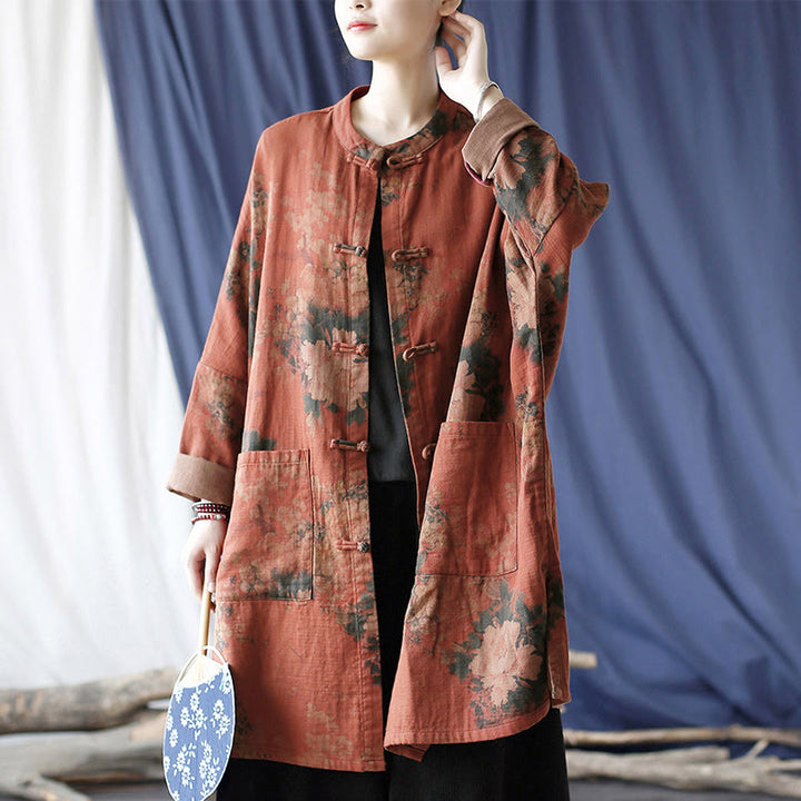 Buddha Stones Orange Peony Flower Frog-Button Open Front Jacket With Pockets - US4-14，UK/AU8-18，EU36-46 (F) - image 0