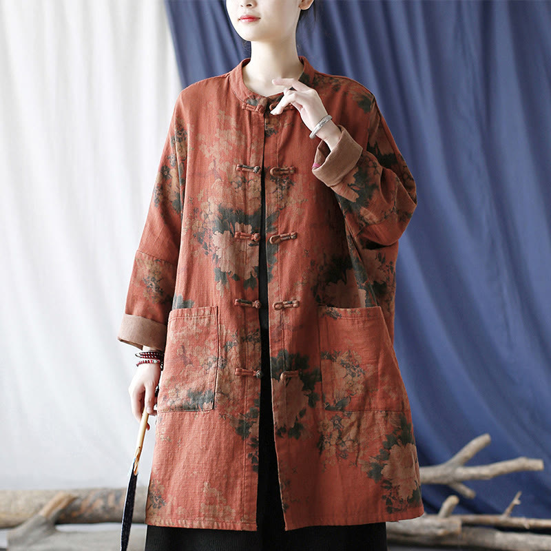 Buddha Stones Orange Peony Flower Frog-Button Open Front Jacket With Pockets - image 18