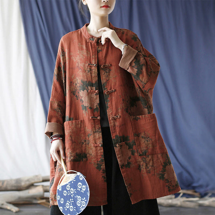Buddha Stones Orange Peony Flower Frog-Button Open Front Jacket With Pockets - image 19