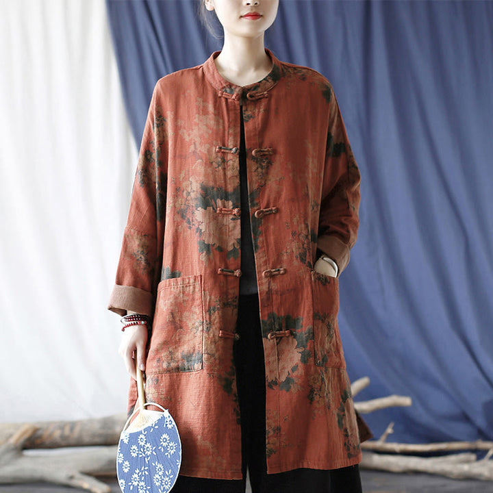 Buddha Stones Orange Peony Flower Frog-Button Open Front Jacket With Pockets - image 16