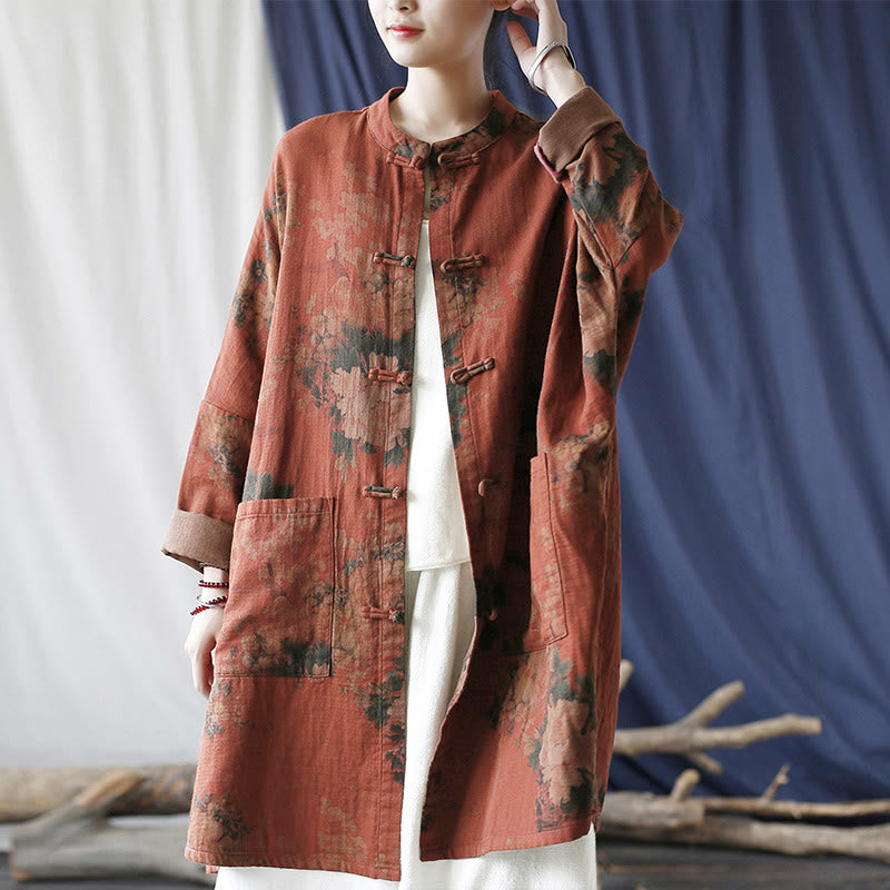 Buddha Stones Orange Peony Flower Frog-Button Open Front Jacket With Pockets - image 25