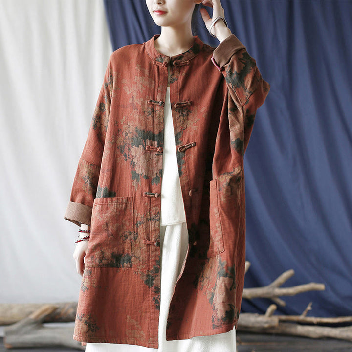 Buddha Stones Orange Peony Flower Frog-Button Open Front Jacket With Pockets - image 25