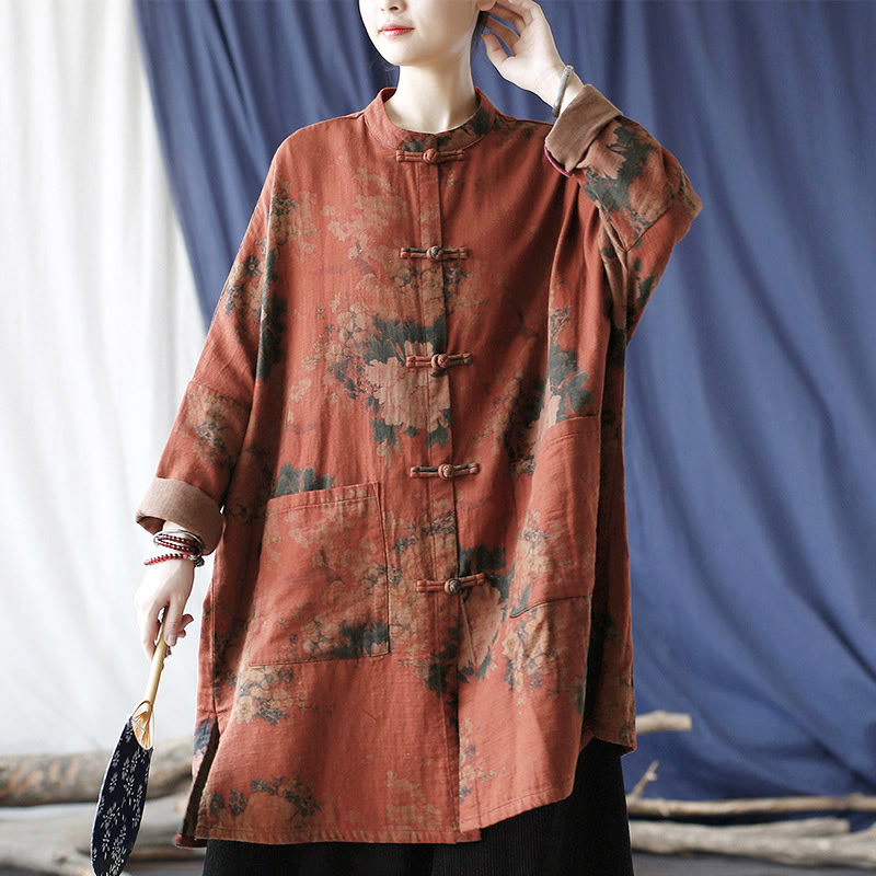Buddha Stones Orange Peony Flower Frog-Button Open Front Jacket With Pockets - image 21