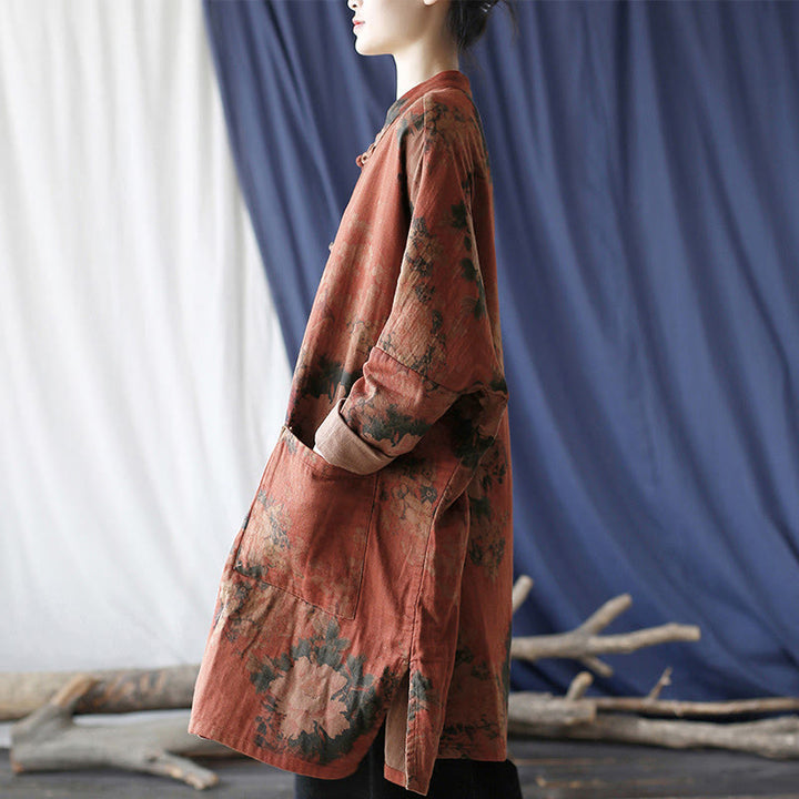 Buddha Stones Orange Peony Flower Frog-Button Open Front Jacket With Pockets - image 2
