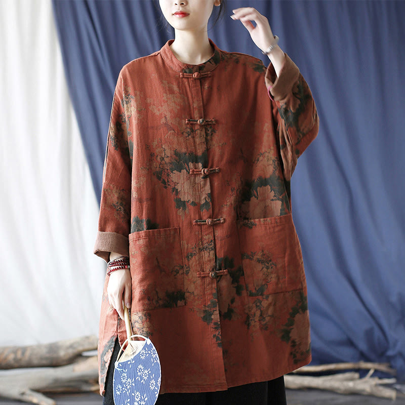 Buddha Stones Orange Peony Flower Frog-Button Open Front Jacket With Pockets - image 15