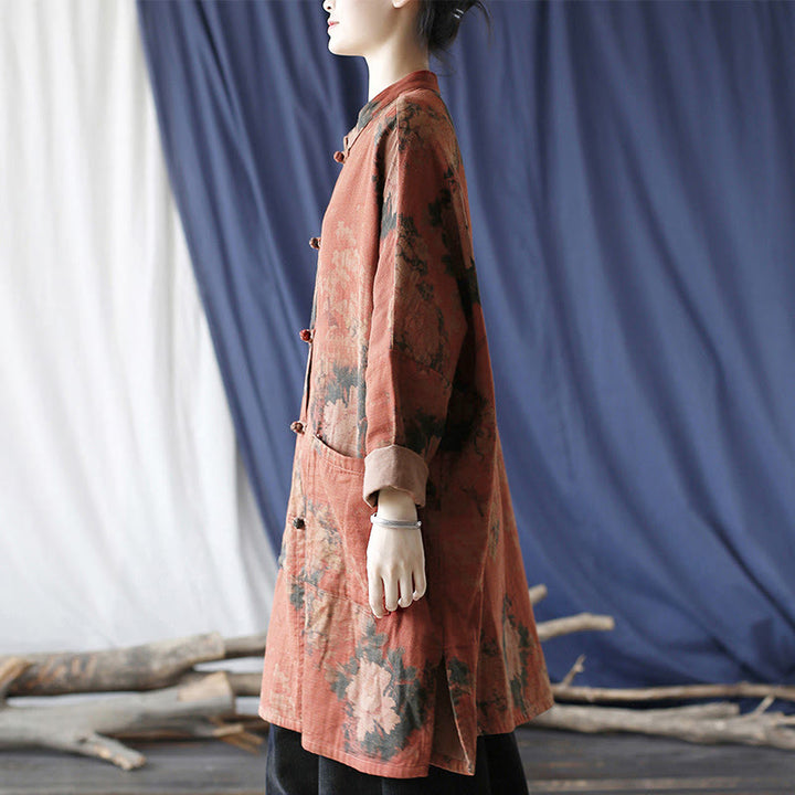 Buddha Stones Orange Peony Flower Frog-Button Open Front Jacket With Pockets - image 4
