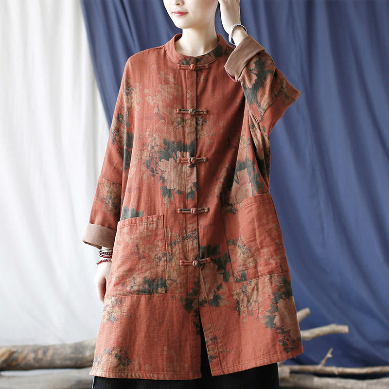 Buddha Stones Orange Peony Flower Frog-Button Open Front Jacket With Pockets - image 23