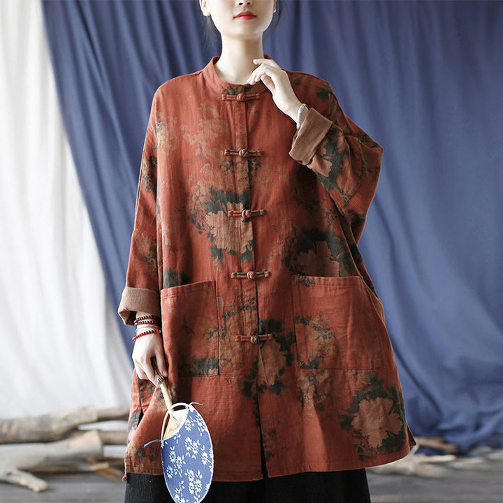Buddha Stones Orange Peony Flower Frog-Button Open Front Jacket With Pockets - image 17