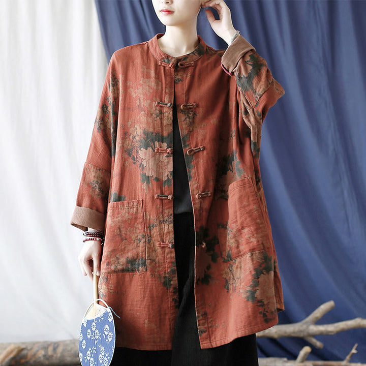 Buddha Stones Orange Peony Flower Frog-Button Open Front Jacket With Pockets - image 20