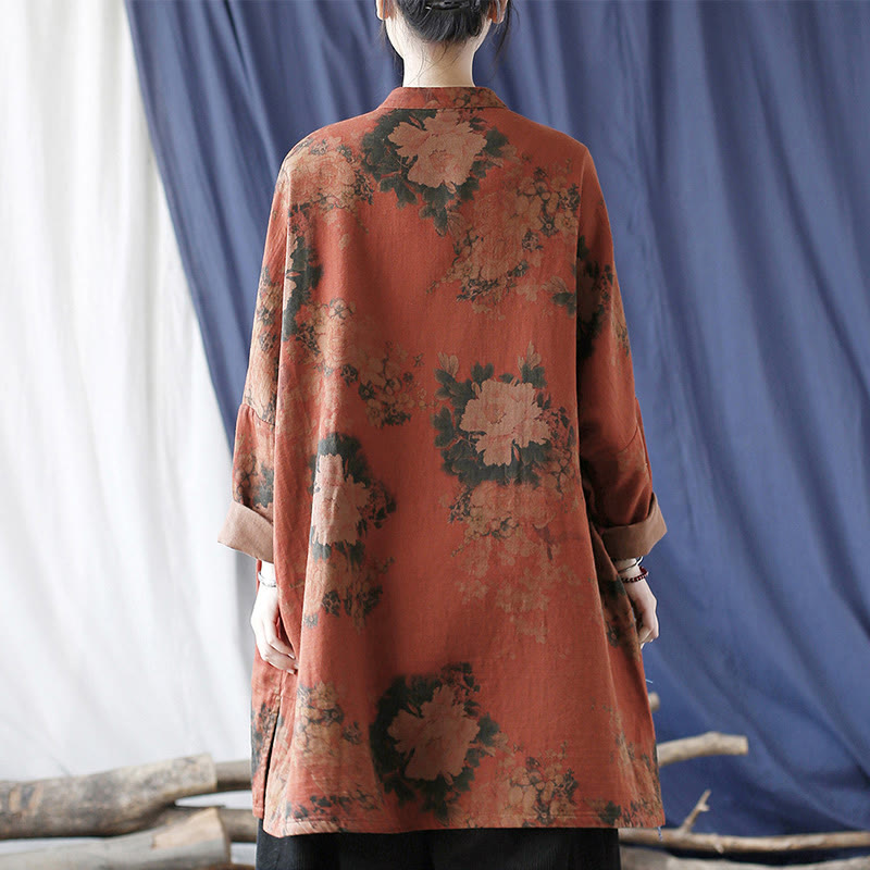 Buddha Stones Orange Peony Flower Frog-Button Open Front Jacket With Pockets - image 3