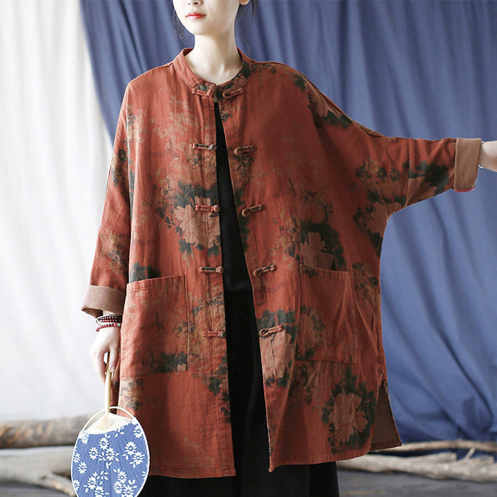 Buddha Stones Orange Peony Flower Frog-Button Open Front Jacket With Pockets - image 14