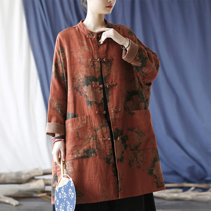 Buddha Stones Orange Peony Flower Frog-Button Open Front Jacket With Pockets - image 1