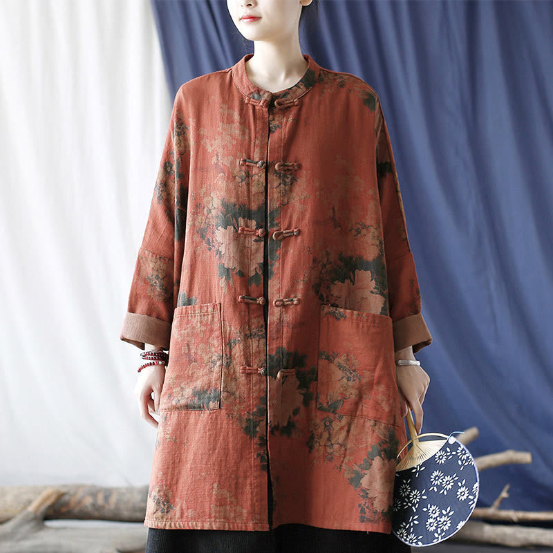Buddha Stones Orange Peony Flower Frog-Button Open Front Jacket With Pockets - image 22