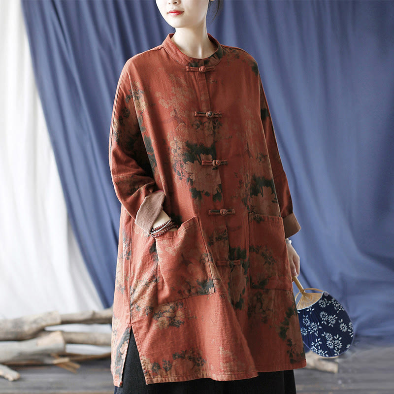 Buddha Stones Orange Peony Flower Frog-Button Open Front Jacket With Pockets - image 24