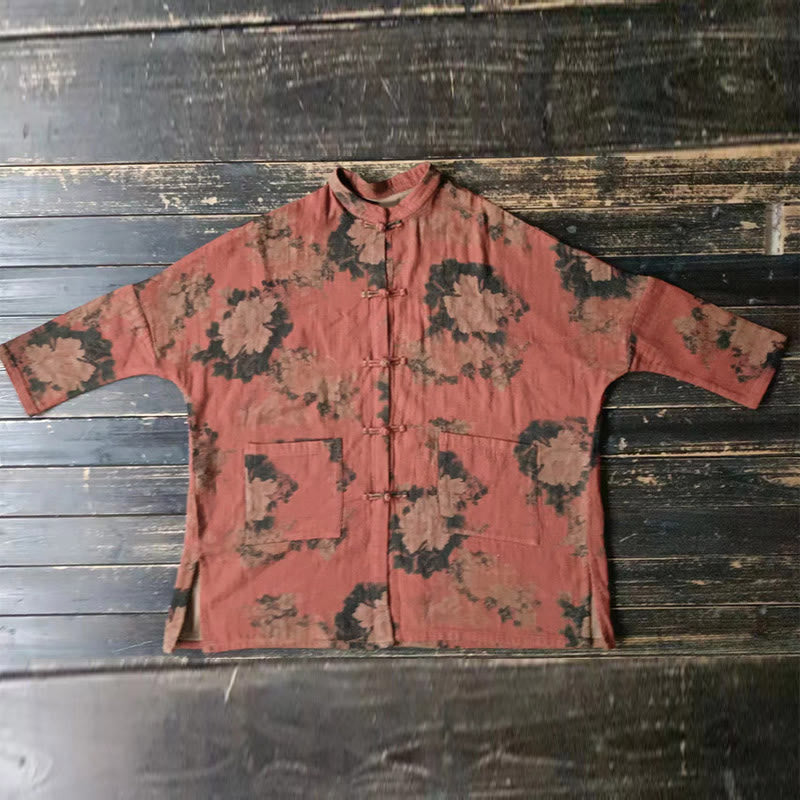 Buddha Stones Orange Peony Flower Frog-Button Open Front Jacket With Pockets - image 12