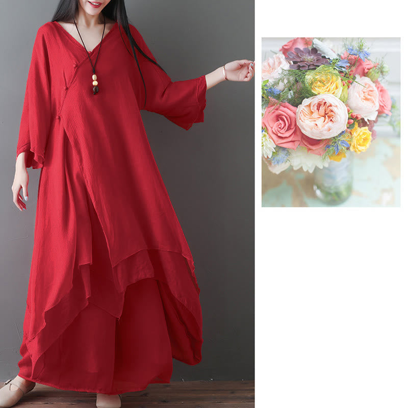 Buddha Stones V-Neck Midi Tunic Dress Wide Leg Pants Meditation Zen Practice Dance Clothing - image 13