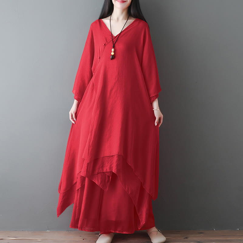 Buddha Stones V-Neck Midi Tunic Dress Wide Leg Pants Meditation Zen Practice Dance Clothing - image 10