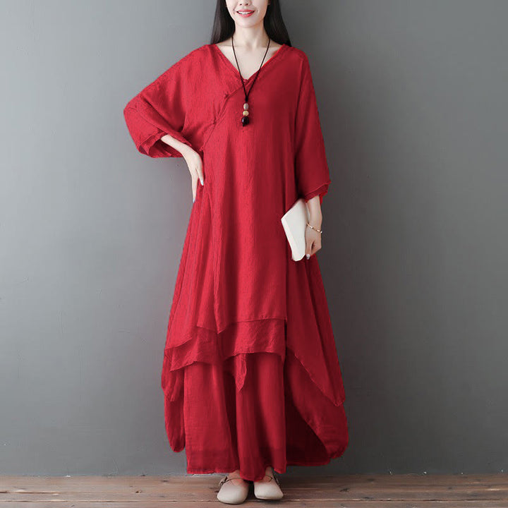 Buddha Stones V-Neck Midi Tunic Dress Wide Leg Pants Meditation Zen Practice Dance Clothing - 2Pcs Red(Dress&Pants) - US12，UK/AU16，EU44 (2XL) - image 7