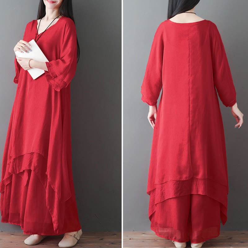 Buddha Stones V-Neck Midi Tunic Dress Wide Leg Pants Meditation Zen Practice Dance Clothing - image 12