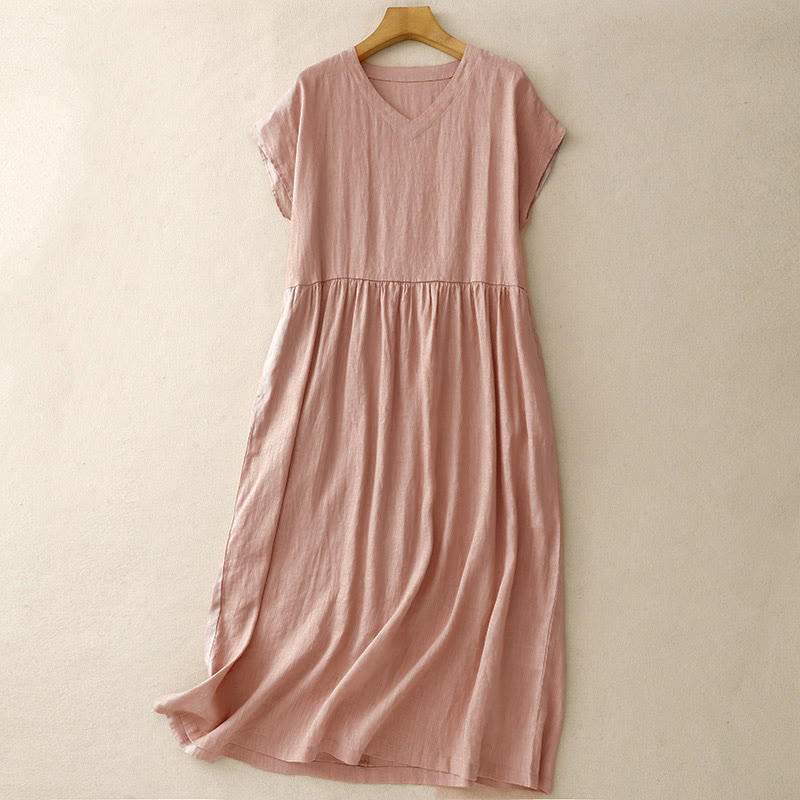 Buddha Stones Casual Artistic Solid Color Simple Design High Waist Short Sleeve Midi Dress With Pockets - Pink - US8-10，UK/AU12-14，EU40-42 (2XL) - image 13