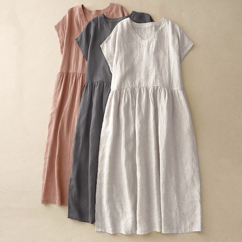 Buddha Stones Casual Artistic Solid Color Simple Design High Waist Short Sleeve Midi Dress With Pockets - image 18