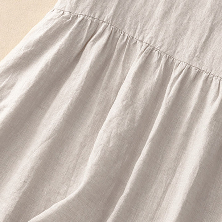 Buddha Stones Casual Artistic Solid Color Simple Design High Waist Short Sleeve Midi Dress With Pockets - image 3