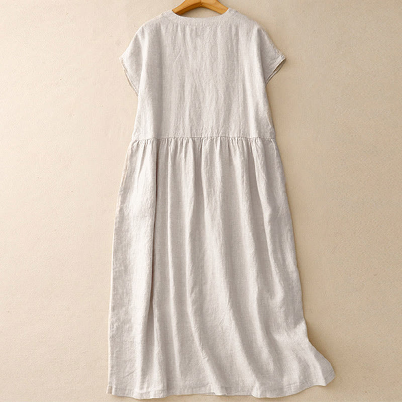 Buddha Stones Casual Artistic Solid Color Simple Design High Waist Short Sleeve Midi Dress With Pockets - image 1