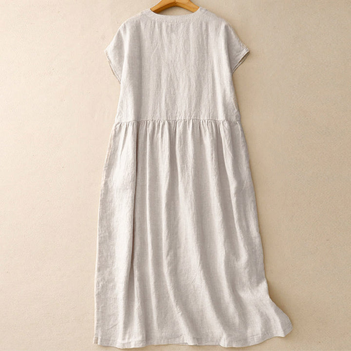 Buddha Stones Casual Artistic Solid Color Simple Design High Waist Short Sleeve Midi Dress With Pockets - image 1