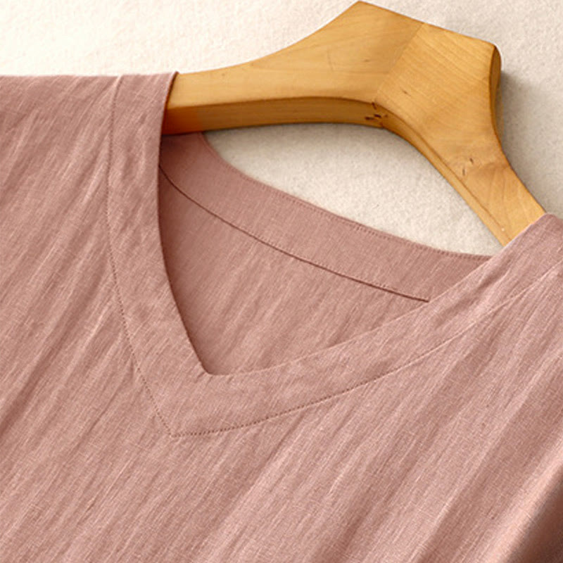 Buddha Stones Casual Artistic Solid Color Simple Design High Waist Short Sleeve Midi Dress With Pockets - image 14