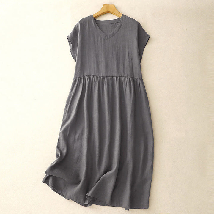 Buddha Stones Casual Artistic Solid Color Simple Design High Waist Short Sleeve Midi Dress With Pockets - SlateGray - US8-10，UK/AU12-14，EU40-42 (2XL) - image 8