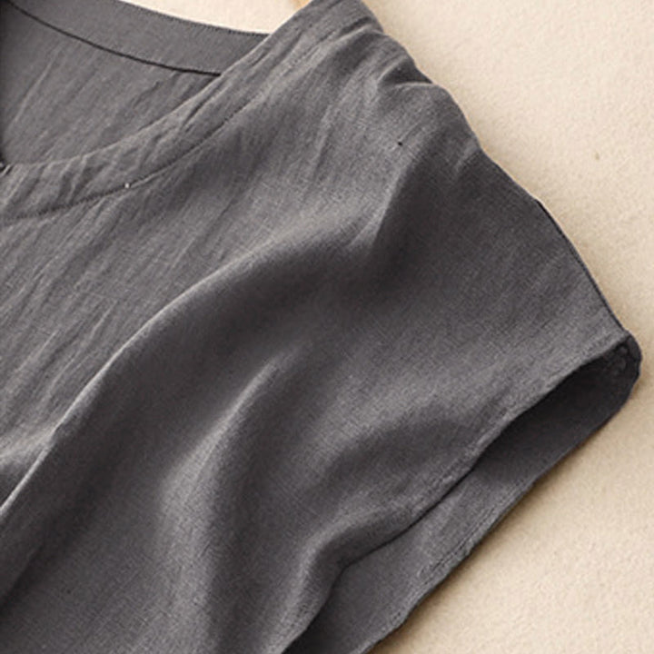 Buddha Stones Casual Artistic Solid Color Simple Design High Waist Short Sleeve Midi Dress With Pockets - image 10