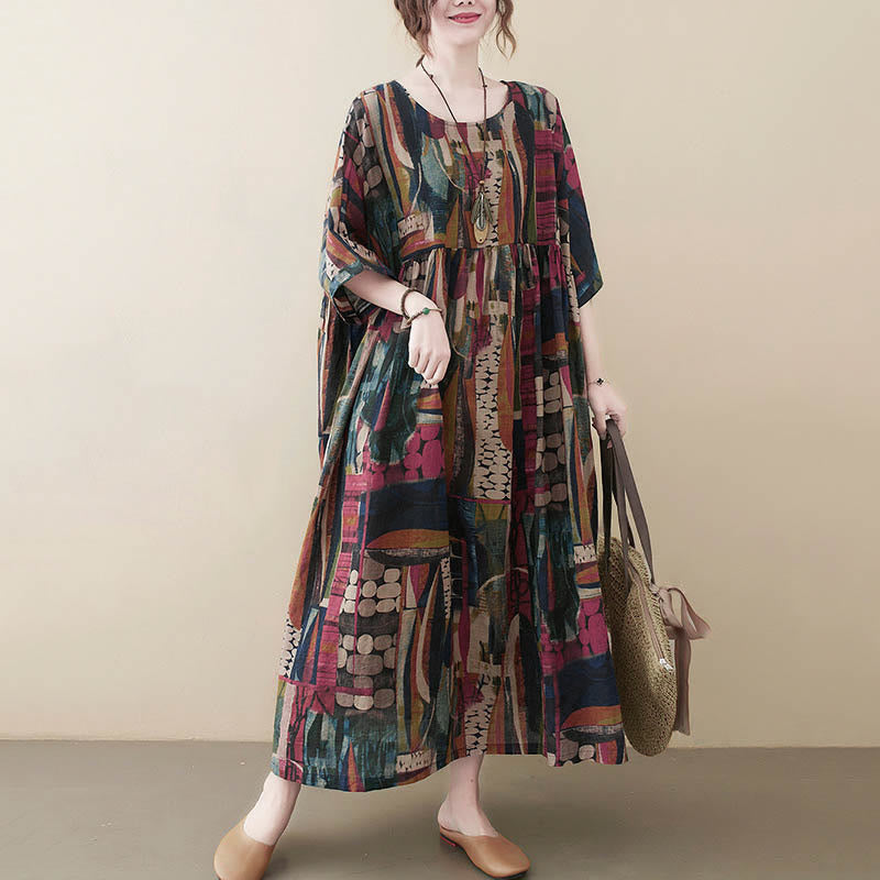 Buddha Stones Colorful Graphics Midi Dress Half Sleeve Tunic Dress With Pockets - image 1
