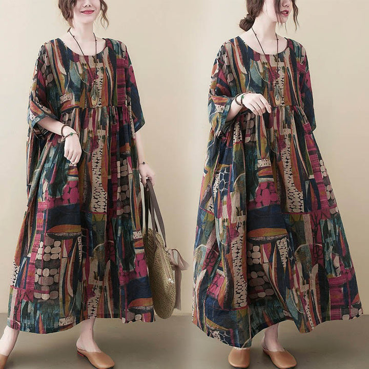 Buddha Stones Colorful Graphics Midi Dress Half Sleeve Tunic Dress With Pockets - image 5