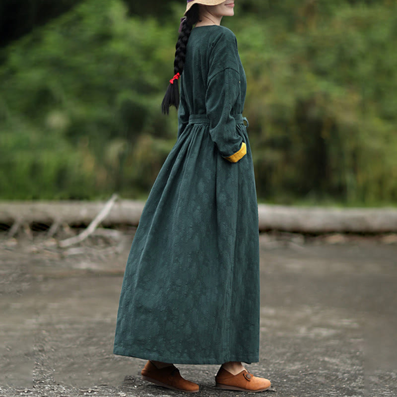 Buddha Stones Frog-Button Plain V-Neck Long Sleeve Cotton Midi Dress With Pockets - image 5