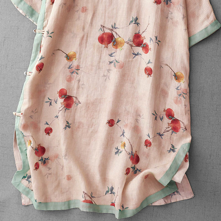 Buddha Stones Frog-Button Orchid Pomegranate Flowers Pattern Side Slit Design Half Sleeve Midi Dress - image 4
