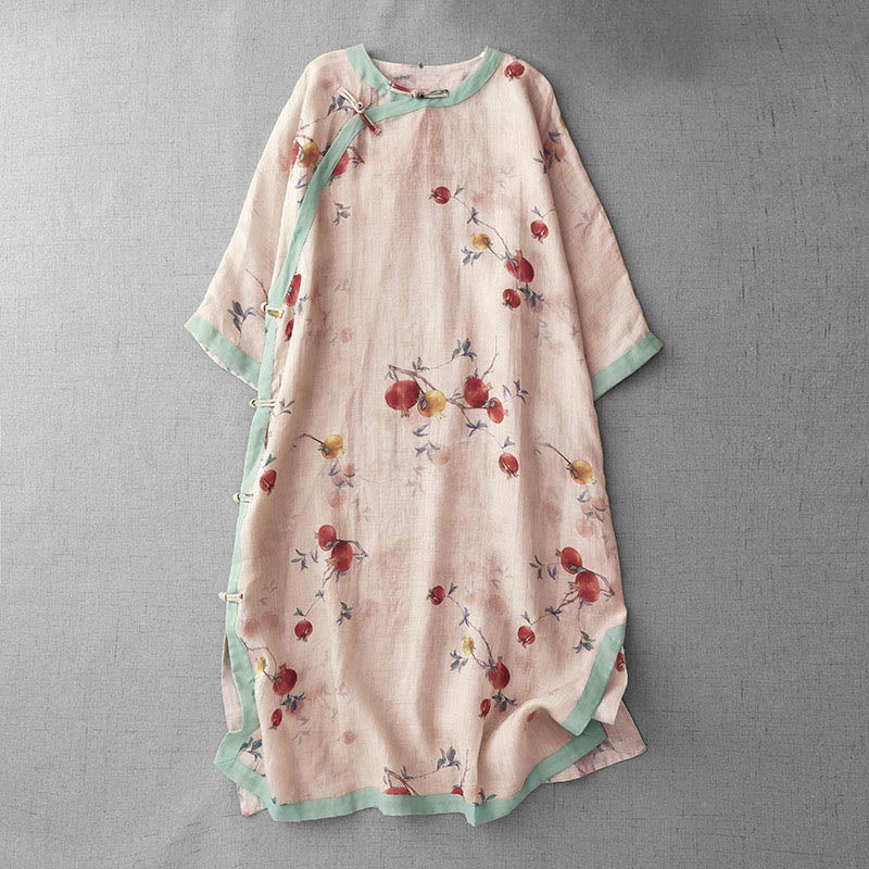 Buddha Stones Frog-Button Orchid Pomegranate Flowers Pattern Side Slit Design Half Sleeve Midi Dress - PeachPuff - US12，UK/AU16，EU44 (2XL) - image 1