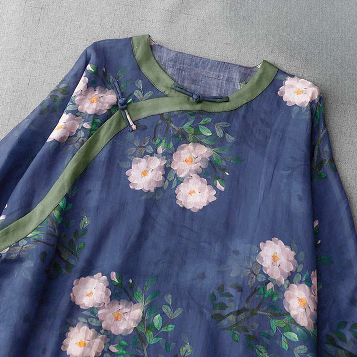 Buddha Stones Frog-Button Orchid Pomegranate Flowers Pattern Side Slit Design Half Sleeve Midi Dress - image 14