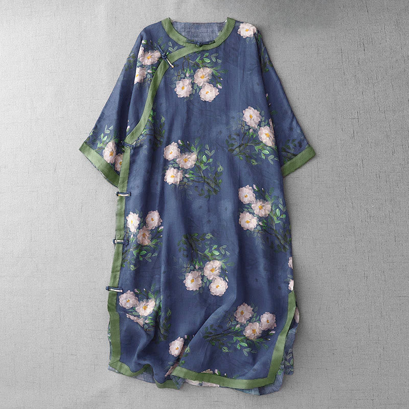 Buddha Stones Frog-Button Orchid Pomegranate Flowers Pattern Side Slit Design Half Sleeve Midi Dress - DarkBlue - US12，UK/AU16，EU44 (2XL) - image 13