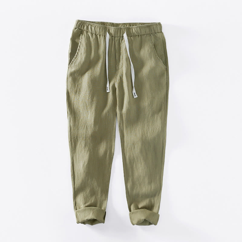 Buddha Stones Fall Solid Drawstring Elastic Waist Men's Linen Ankle-Length Pants With Pockets - YellowGreen - US/UK/AU44，EU54 (4XL) - image 21