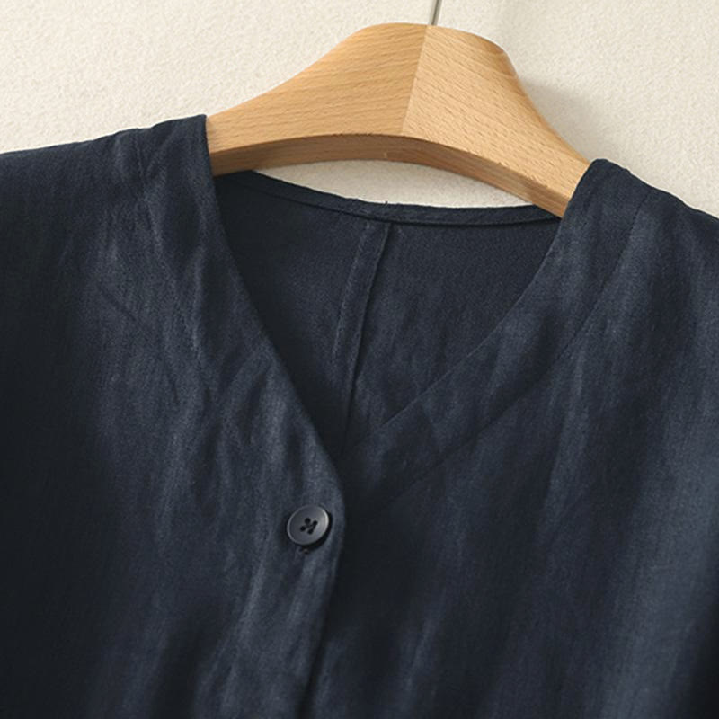 Buddha Stones Summer Solid Color V-Neck Buttons Simple Design Women's Short Sleeve Shirt - image 15