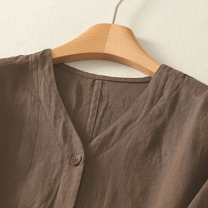 Buddha Stones Summer Solid Color V-Neck Buttons Simple Design Women's Short Sleeve Shirt - image 19