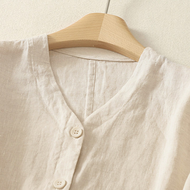 Buddha Stones Summer Solid Color V-Neck Buttons Simple Design Women's Short Sleeve Shirt - image 6